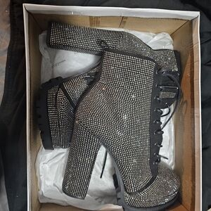 Embellished Black Rhinestone Lace-Up Platform Ankle Boots